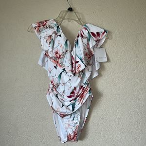 NWT La Blanca Flyaway Orchid Ruffle Off The Shoulder One Piece Swimsuit Size 10